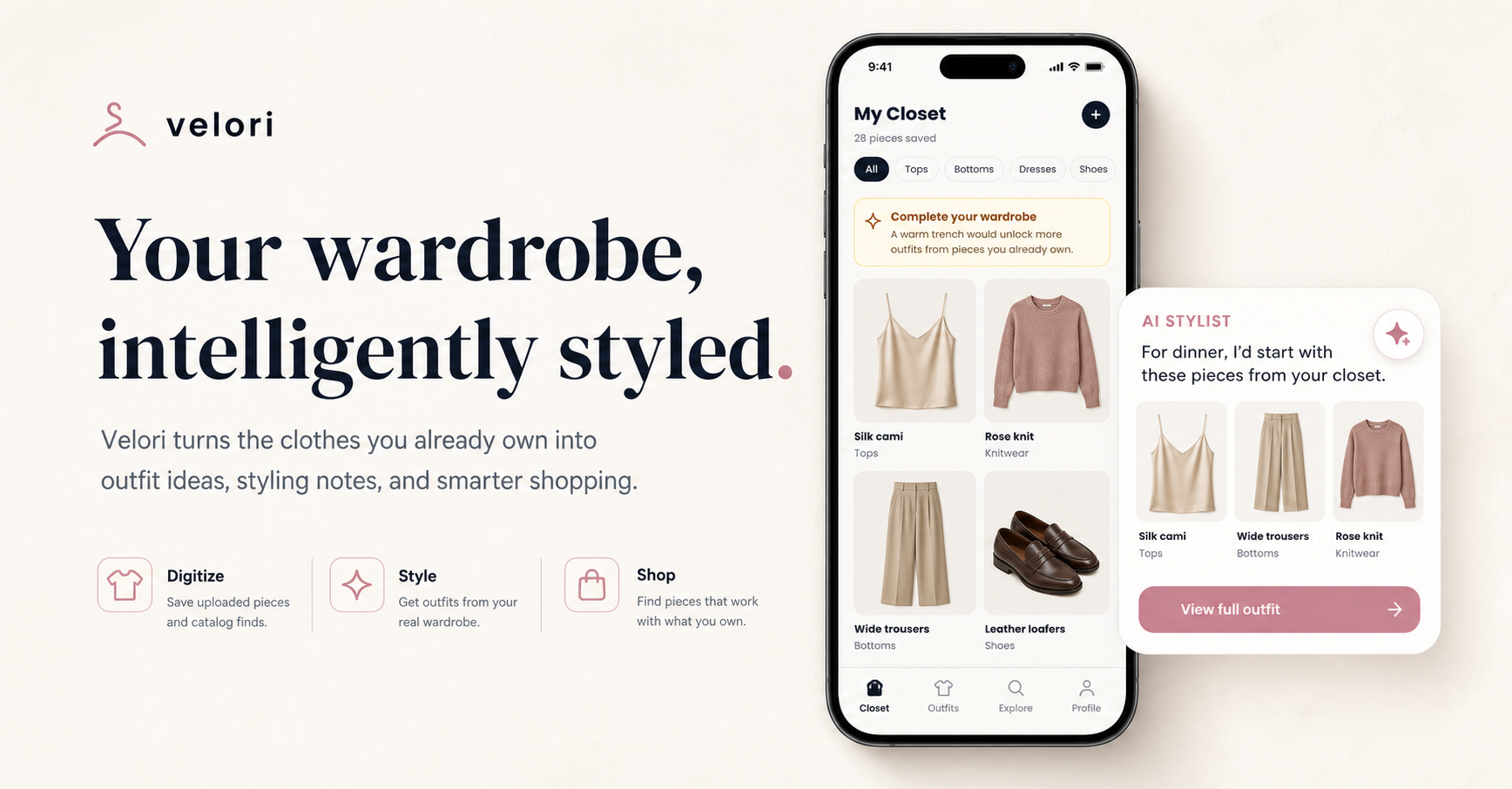 Velori app — My Closet and AI Stylist